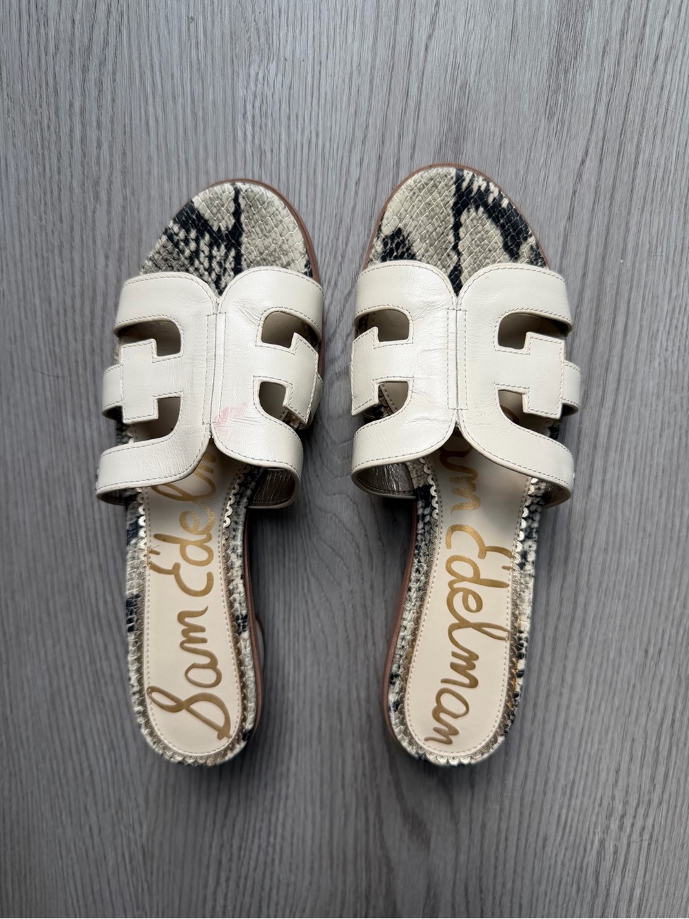 Sam Edelman Cream Leather Slide Sandals with Snake-Print Insole